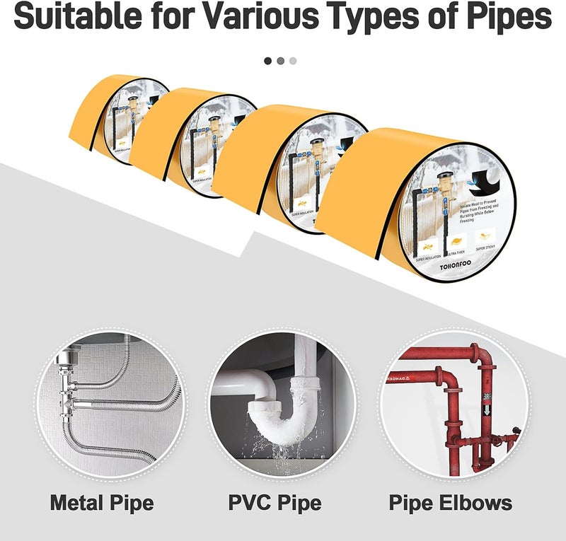 TOHONFOO Pipe Insulation Tape, Foam Insulation Tape for Outdoor Pipes Winter Freeze Protection, Foam Pipe Insulation Wrap, Heat Tape for Water Pipes, Copper Pipes, PVC, AC Line, 5in x 15ft, Black - Image 5